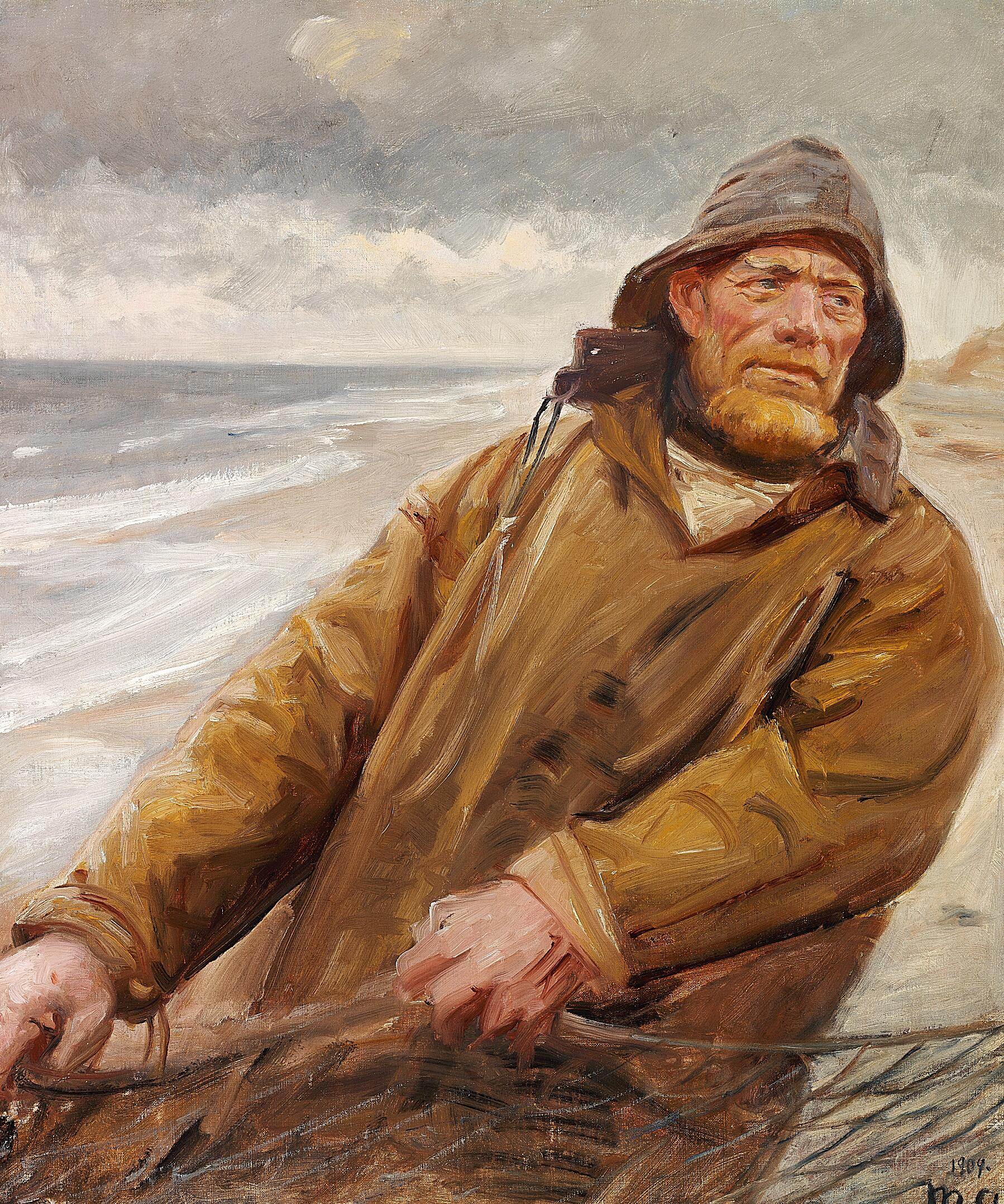 Un pêcheur remonte ses filets à Skagen. - Michael Peter Ancher image 1 reproduction artisanale de tableau