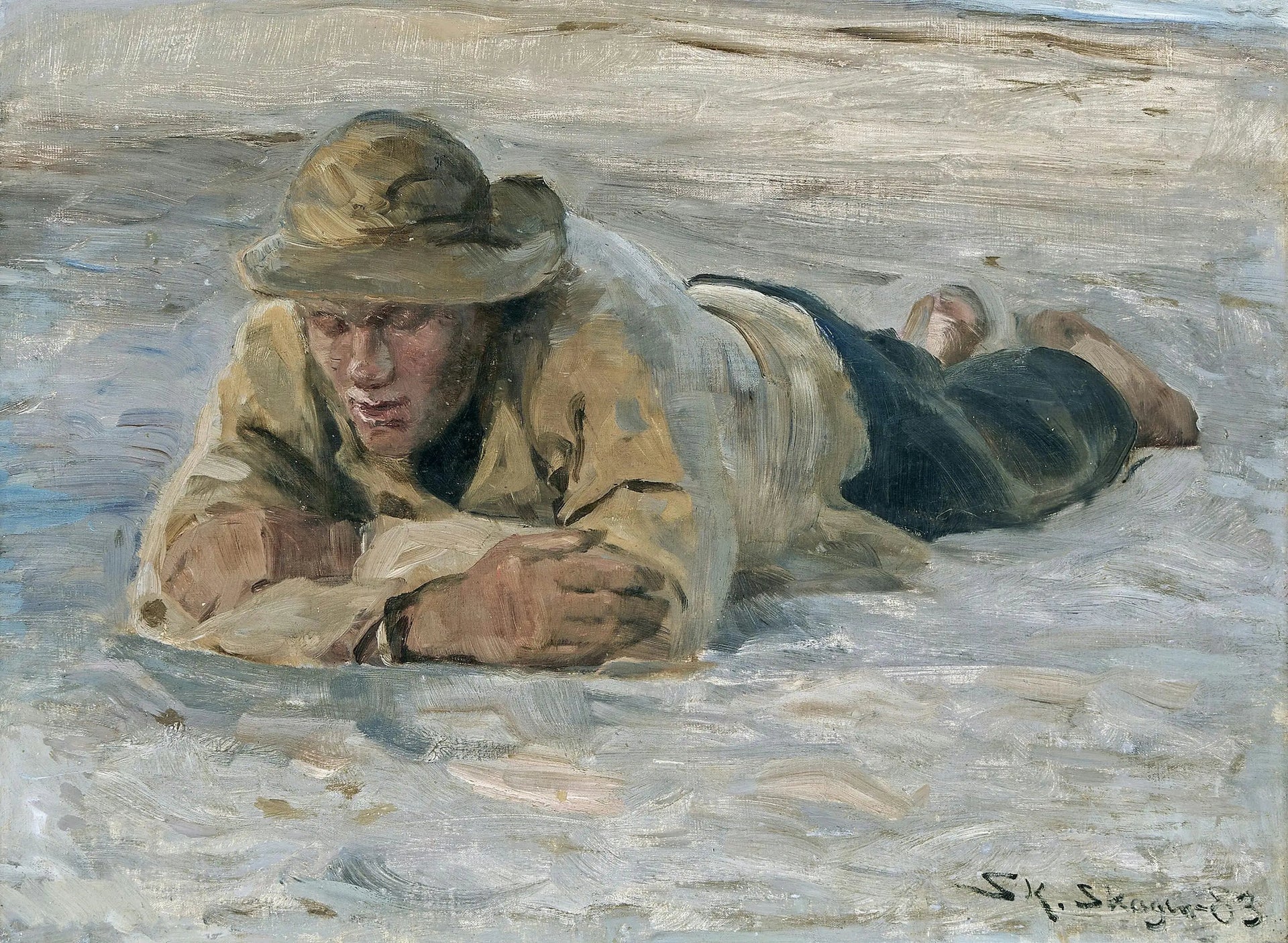 Un pêcheur se reposant dans le sable, la poitrine contre les bras - Peder Severin Krøyer image 1 copie de tableau peinte à la main