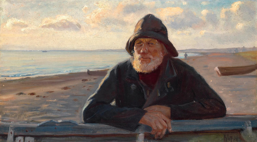 Un pêcheur se tient debout dans la lumière du coucher de soleil sur la plage de Skagen. - Michael Peter Ancher