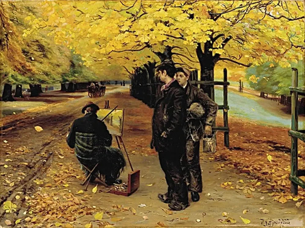 Un peintre à son chevalet un jour d'automne à Dyrehaven, près de Copenhague. - H. A. Brendekilde image 1 tableau peint à l’huile sur toile