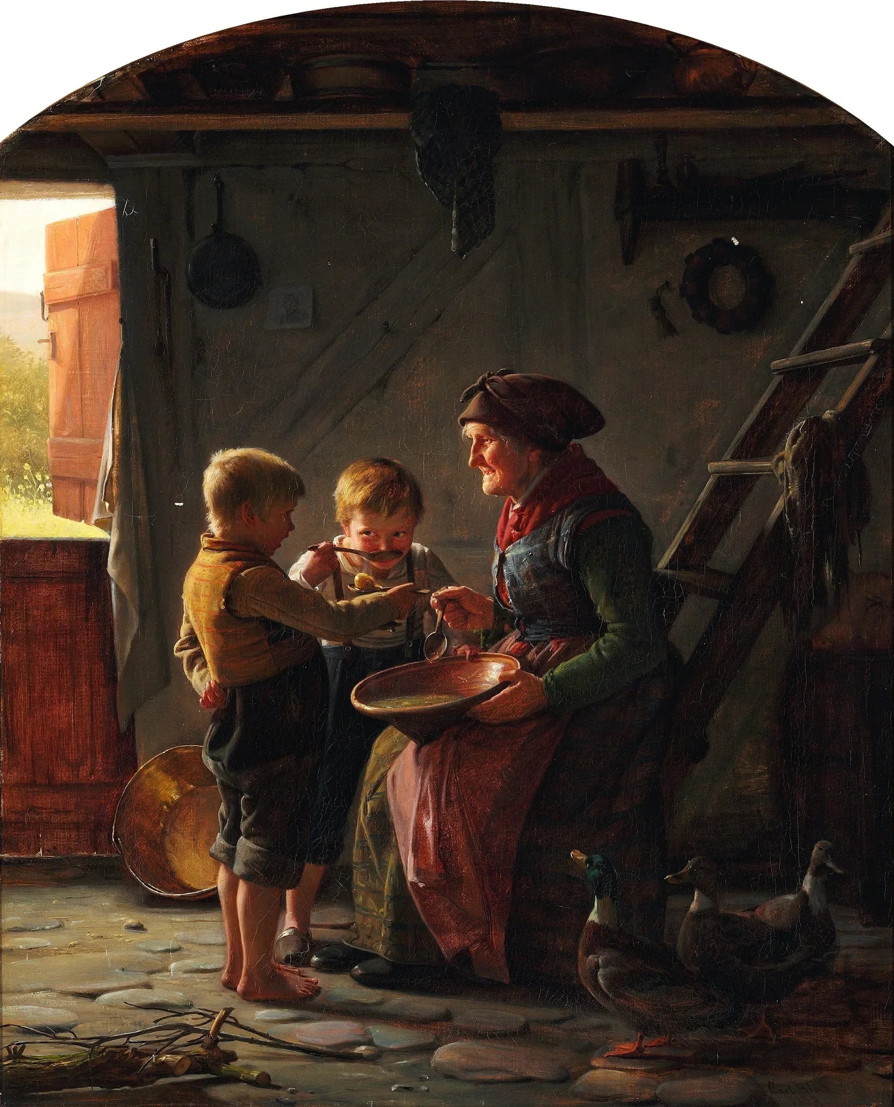 Un repas. Deux garçons et une grand-mère goûtent la soupe de pommes de terre. - Carl Heinrich Bloch image 1 reproduction de peinture à l’huile