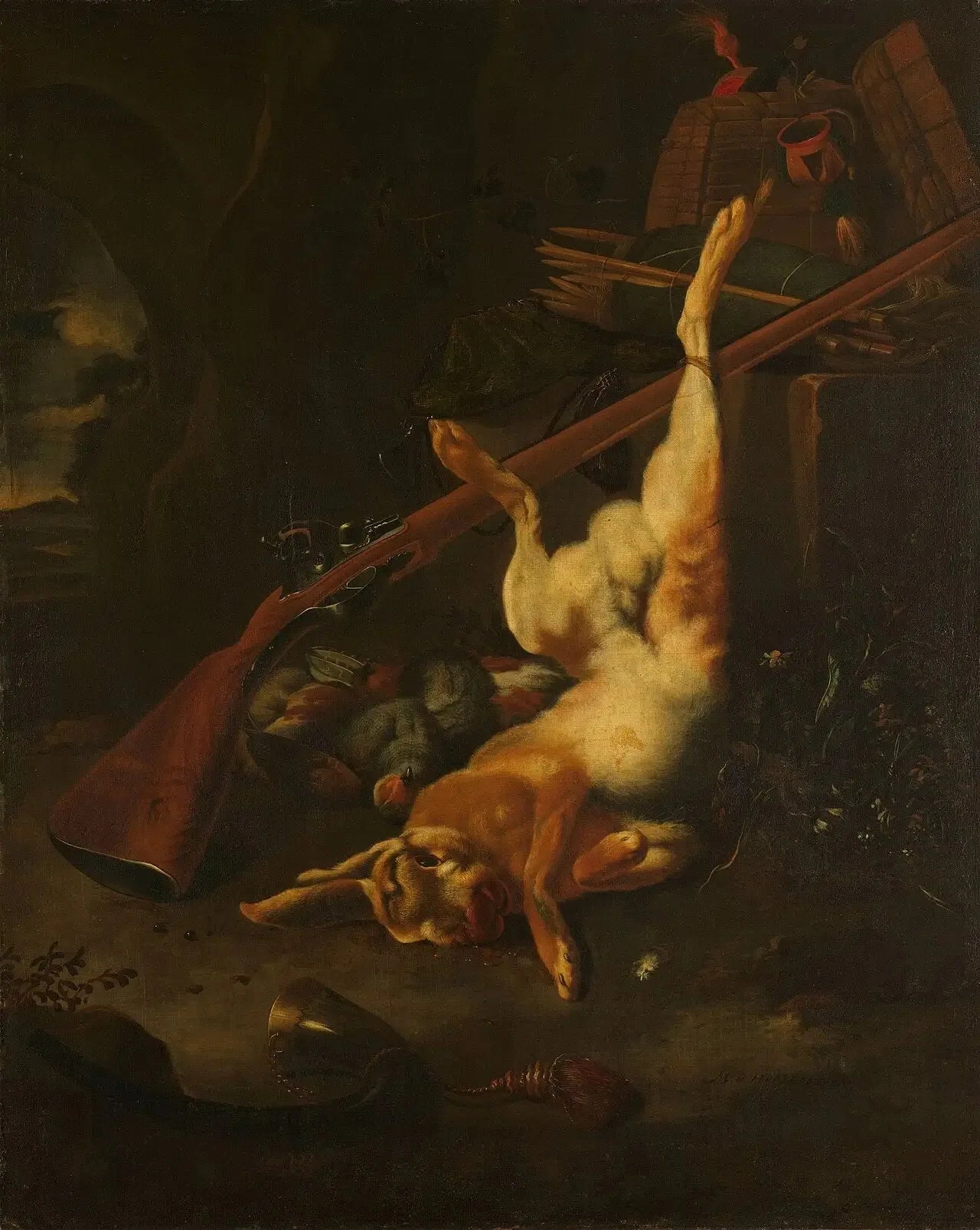 Un sac de chasseur avec un lièvre mort - Melchior de Hondecoeter image 1 tableau peint à l’huile sur toile