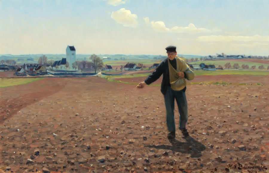 Un semeur de champ par une journée ensoleillée de printemps à l'église de Brendekilde - H. A. Brendekilde