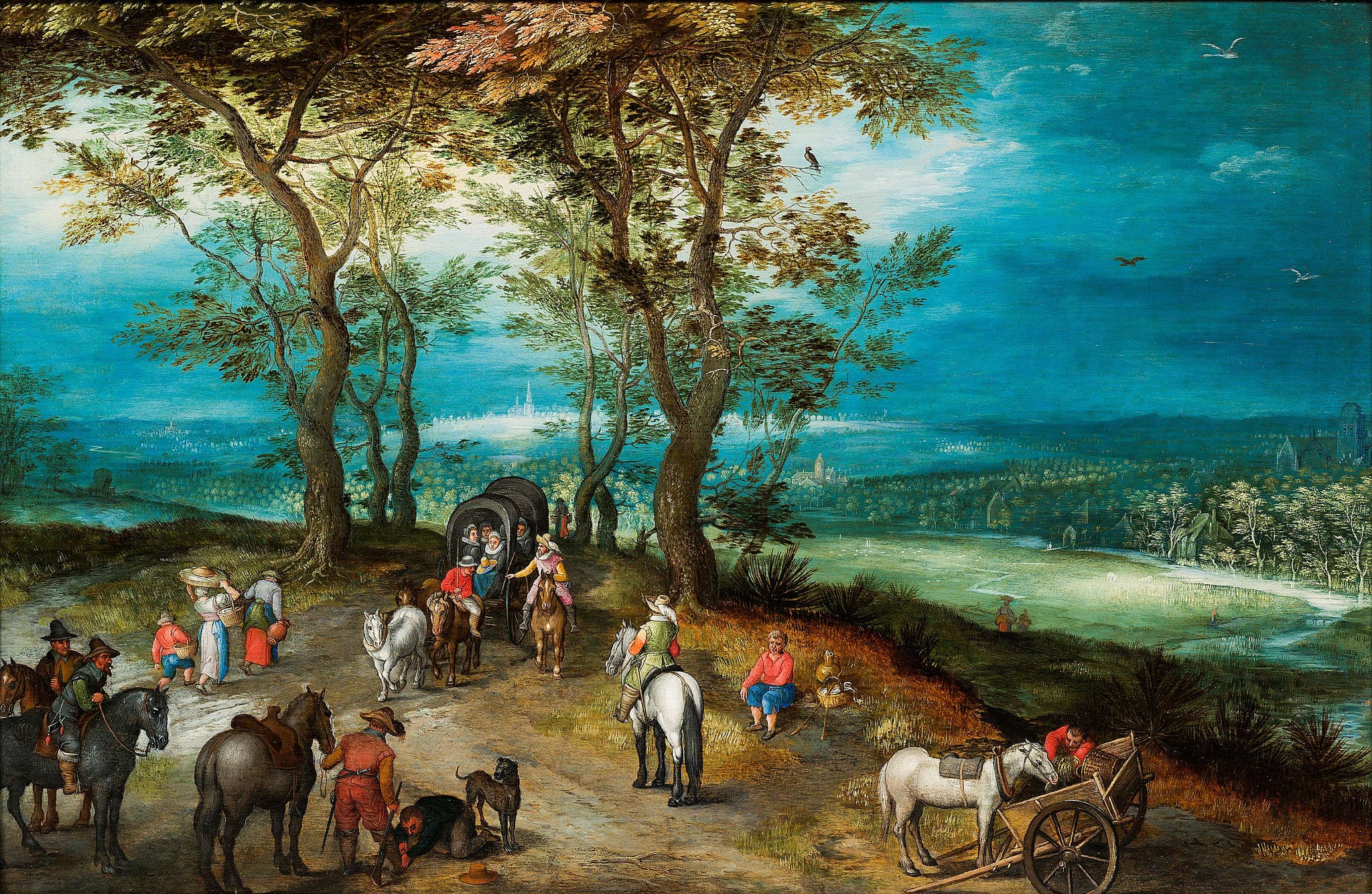 Un vaste paysage avec une charrette à cheval et des voyageurs sur une route - Jan Brueghel le Jeune image 1 reproduction de peinture à l’huile
