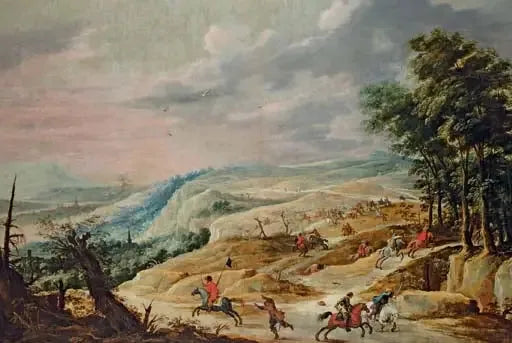 Un vaste paysage avec une escarmouche de cavalerie sur une crête - David Teniers le Jeune image 1 reproduction de peinture à l’huile