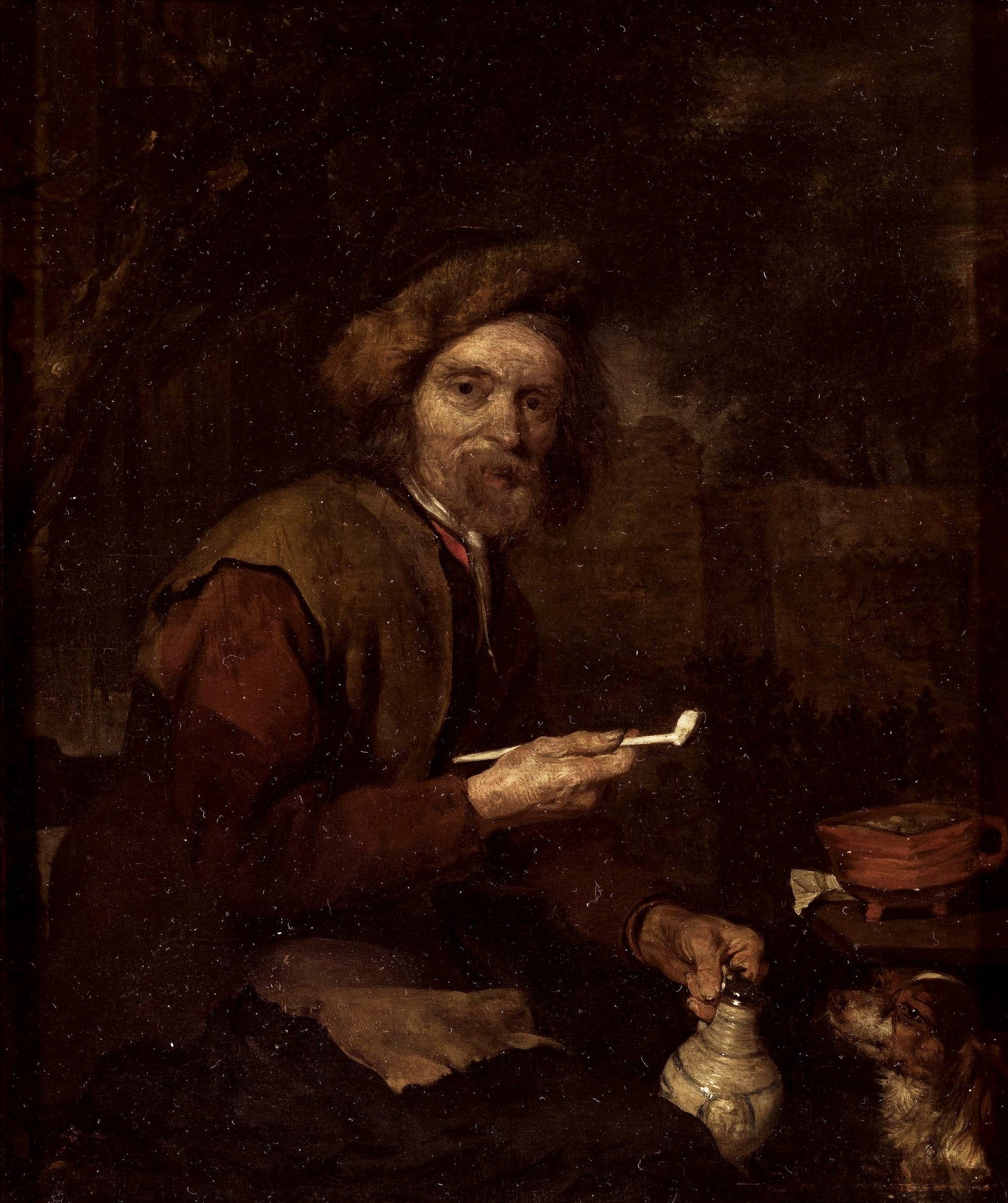 Un vieil homme avec une pipe et une cruche (Fumeur) - Gabriel Metsu image 1 reproduction de peinture à l’huile