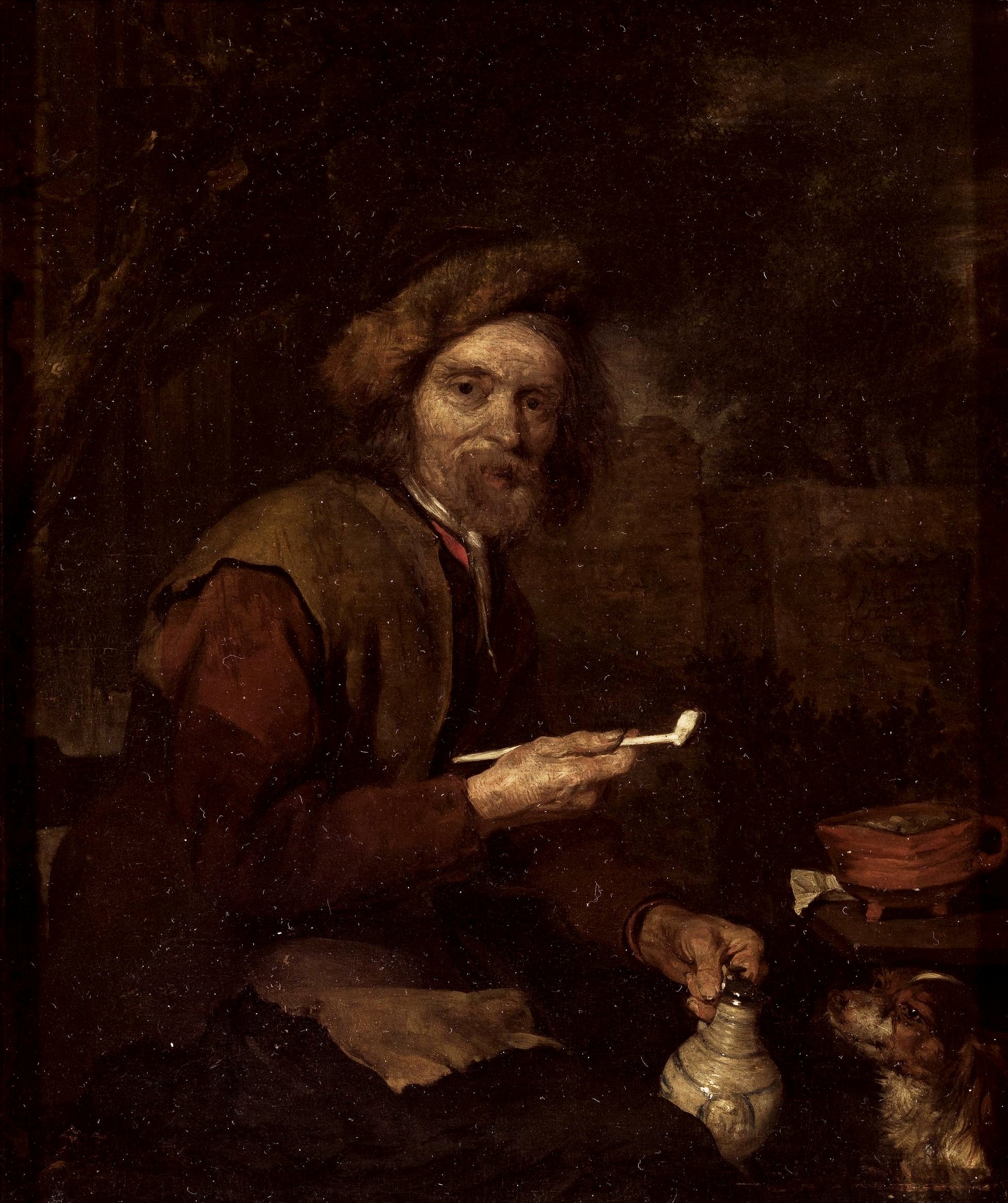 Un vieil homme avec une pipe et une cruche (Fumeur) - Gabriel Metsu image 1 reproduction de peinture à l’huile