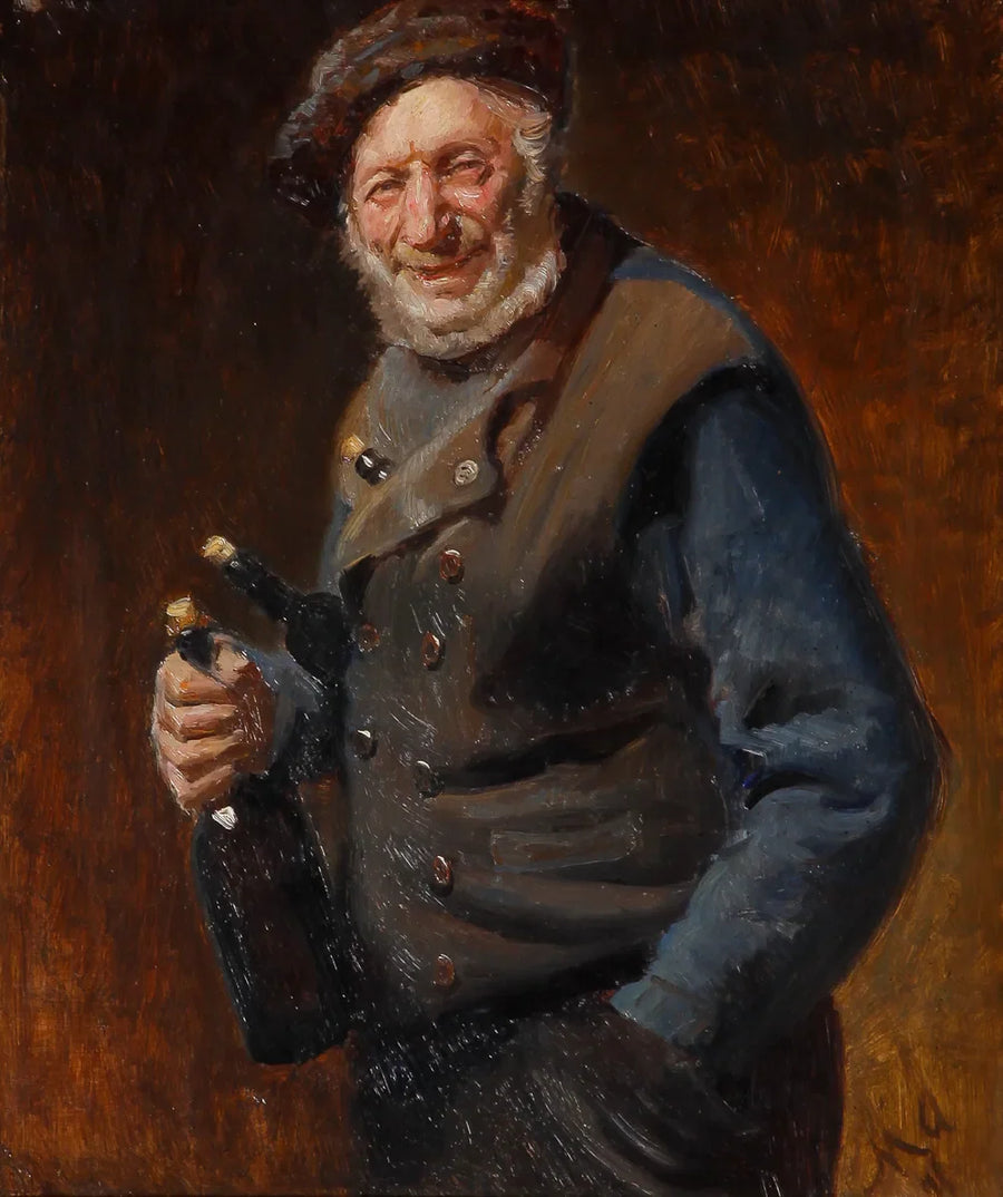 Un vieil homme de Skagen tenant des bouteilles à la main et dans ses poches. - Michael Peter Ancher
