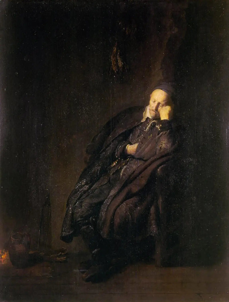 Un vieil homme dort près de - Rembrandt