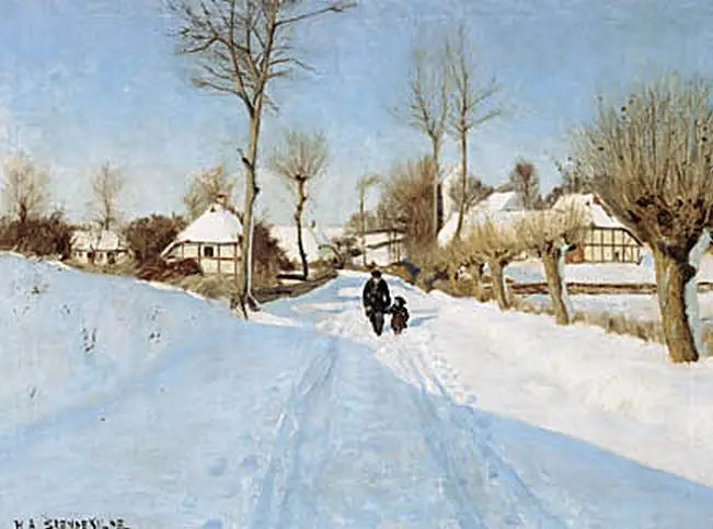 Un vieil homme et une petite fille entre des maisons au toit de chaume. - H. A. Brendekilde