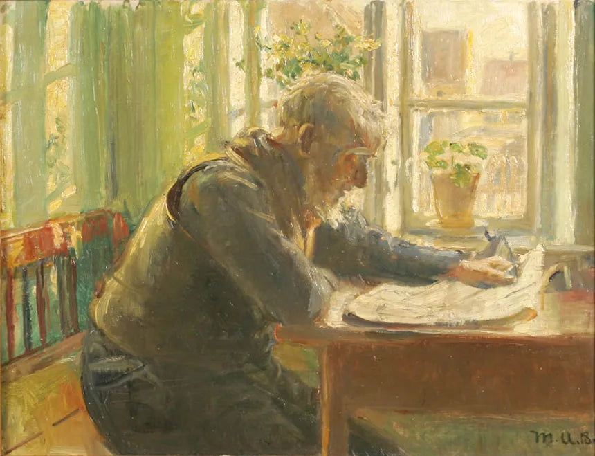 Un vieil homme lit son journal près de la fenêtre. - Michael Peter Ancher image 1 tableau peint à l’huile sur toile