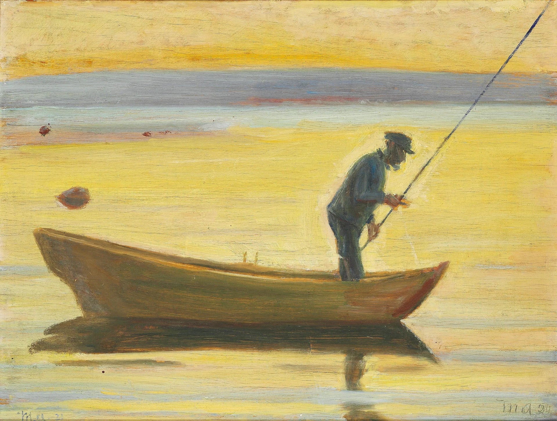Un vieil homme pêche depuis un bateau. - Michael Peter Ancher image 1 copie de tableau peinte à la main