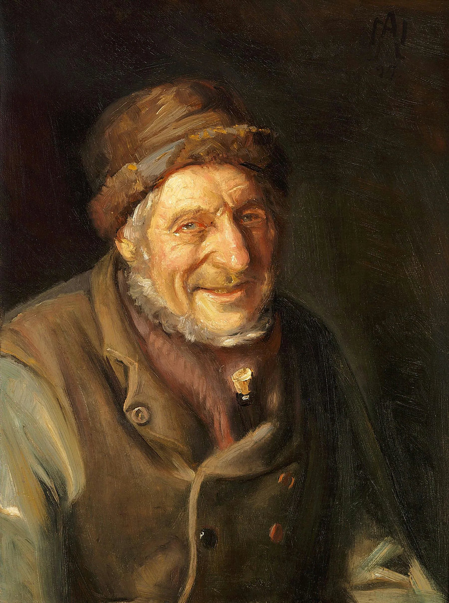 Un vieil homme souriant de Skagen, une bouteille glissée sous son gilet. - Michael Peter Ancher