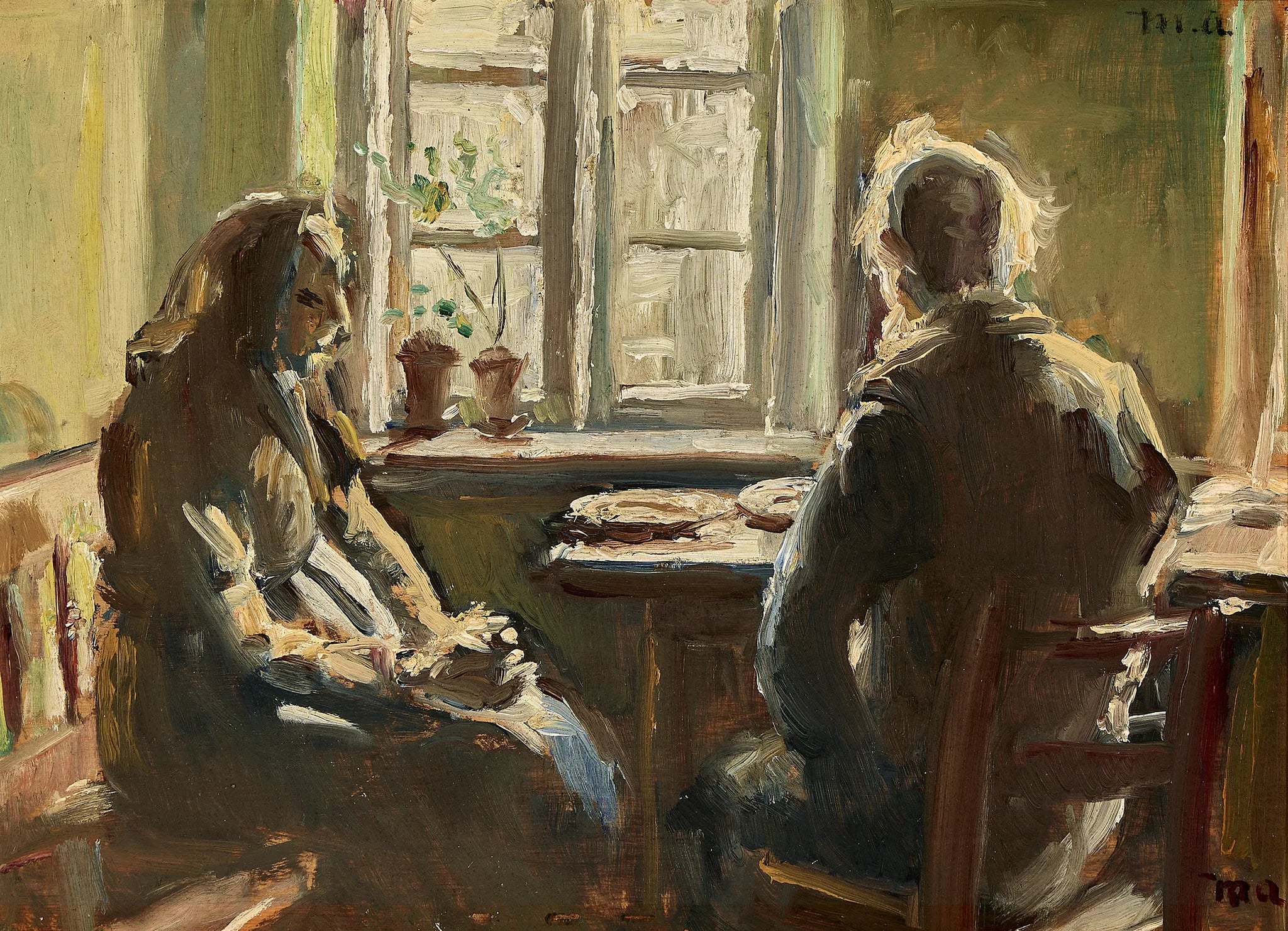 Un vieux couple marié de Skagen est assis à la table devant la fenêtre. - Michael Peter Ancher image 1 reproduction réalisée par Alpha Reproduction