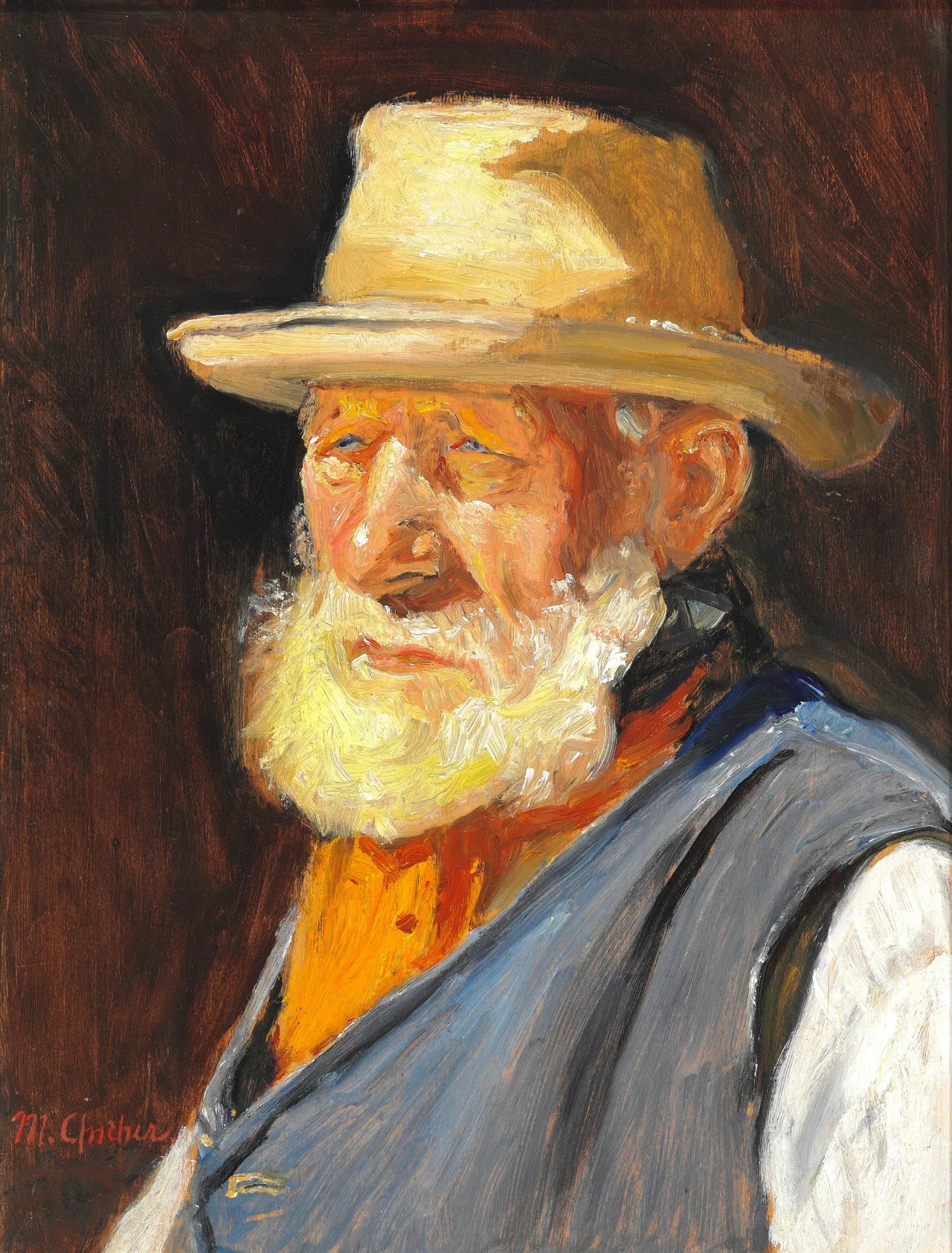 Un vieux pêcheur au soleil, coiffé d'un chapeau d'été léger et vêtu d'un gilet bleu. - Michael Peter Ancher image 1 reproduction d’œuvre d’art à l’huile