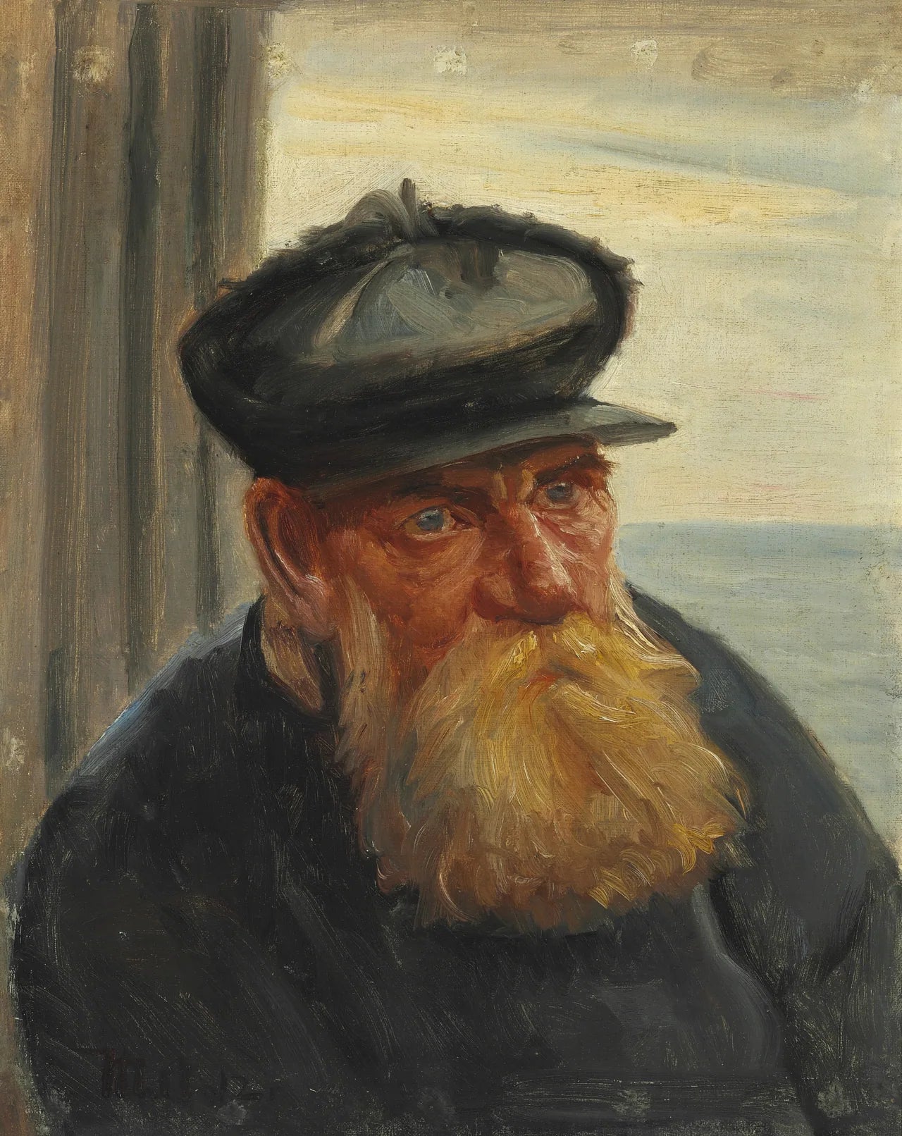 Un vieux pêcheur dans l'embrasure d'une porte, la mer en arrière-plan, Skagen - Michael Peter Ancher image 1 copie de tableau peinte à la main