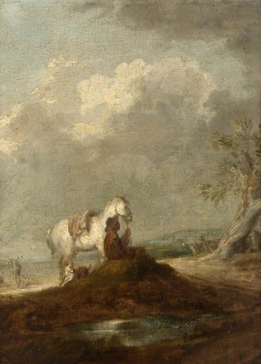 Un voyageur assis sur une route de campagne, tenant un cheval blanc - Thomas Gainsborough image 1 tableau peint à l’huile sur toile