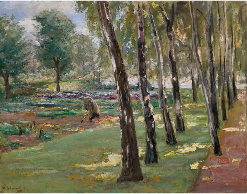Une allée de bouleaux dans le jardin de Wannsee, vue sur un champ de choux - Max Liebermann image 1 reproduction de peinture à l’huile