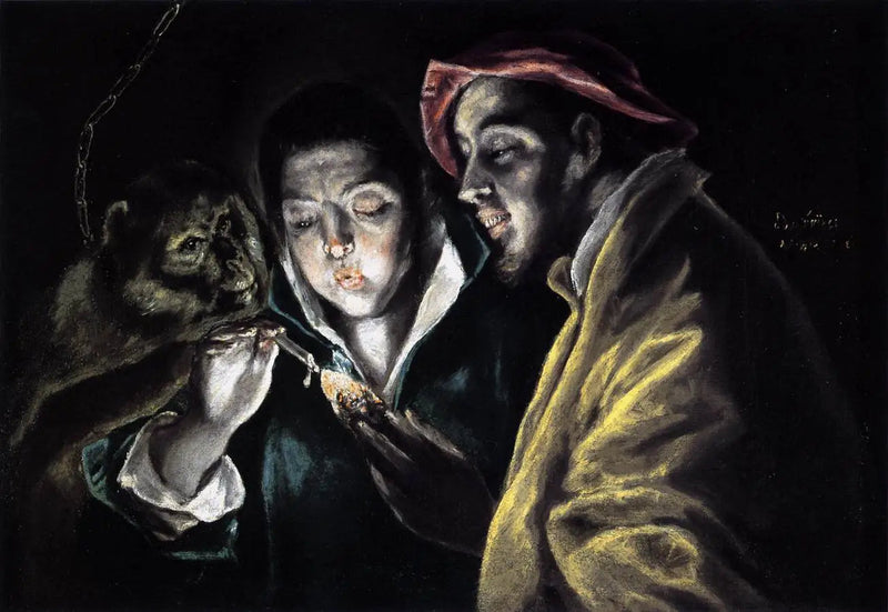 Une allégorie avec un garçon allumant une bougie en compagnie d'un singe et d'un fou - El Greco