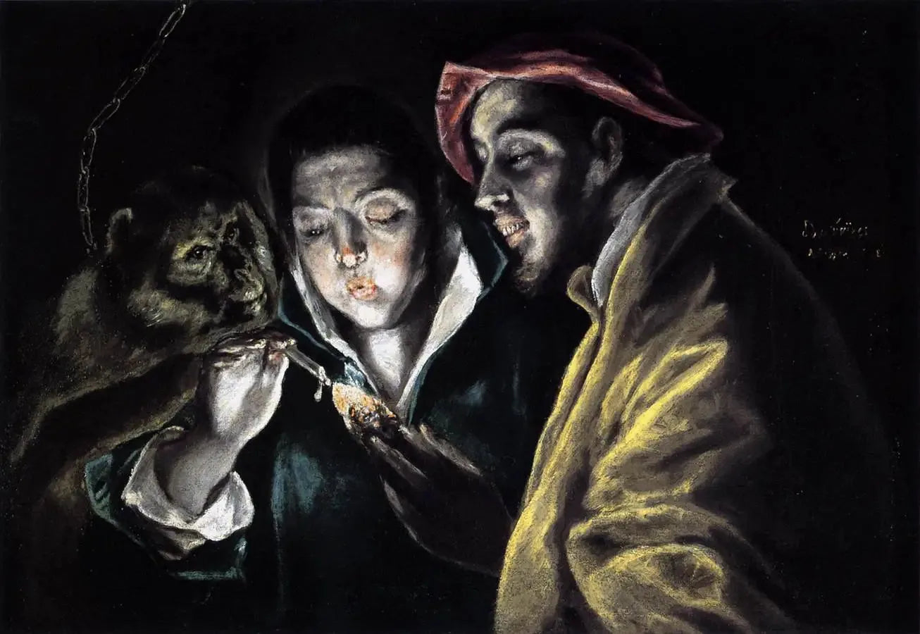 Une allégorie avec un garçon allumant une bougie en compagnie d'un singe et d'un fou - El Greco image 1 copie peinte à la main à l’huile