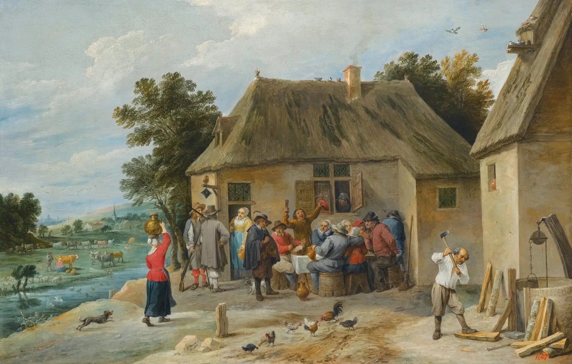 Une auberge de campagne, avec l'aubergiste coupant du bois - David Teniers le Jeune image 1 reproduction artisanale de tableau