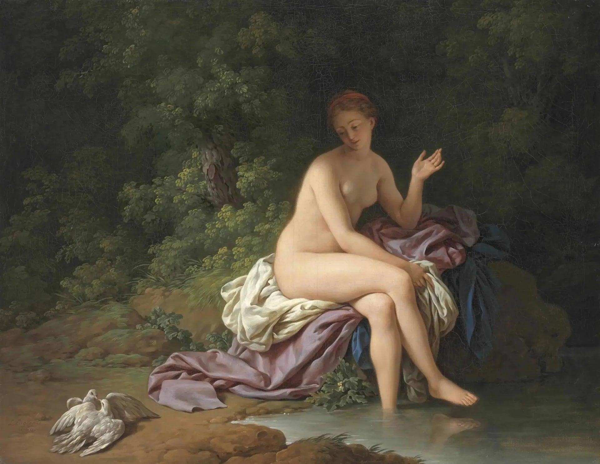 Une Baigneuse qui regarde deux Colombes se caresser - Louis Jean François Lagrenée image 1 tableau peint à l’huile sur toile