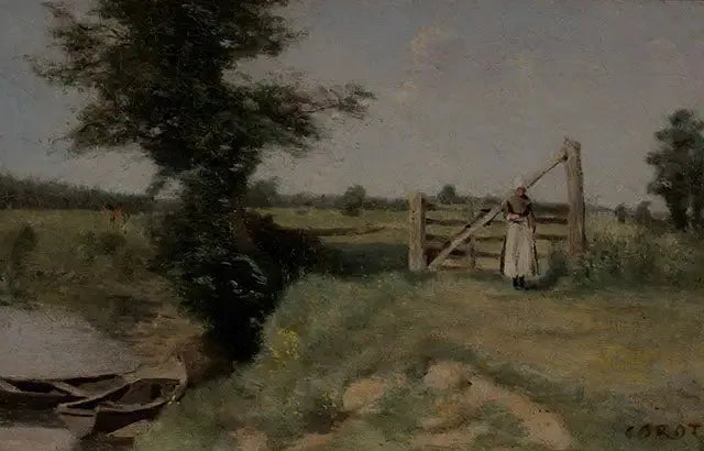 Une barrière dans les prés au bord d'un canal. Environs d'Abbeville - Jean-Baptiste Camille Corot