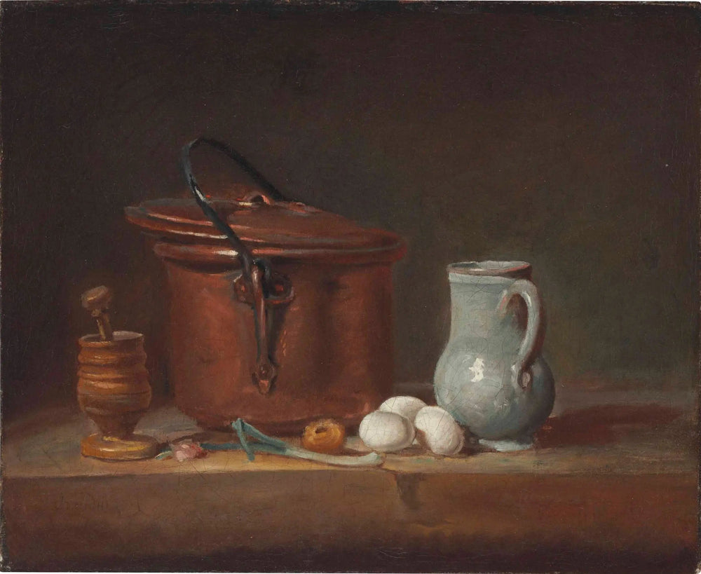Une casserole en cuivre, un pilon et un mortier, un pichet, une ciboule, des œufs et un oignon sur une étagère - Jean Siméon Chardin image 1 copie peinte à la main à l’huile
