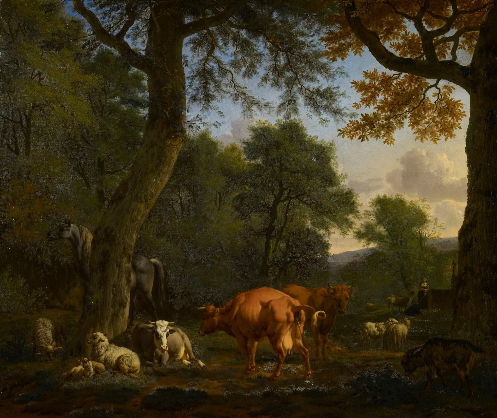 Une clairière boisée avec des animaux et des personnages - Adriaen van de Velde image 1 copie peinte à la main à l’huile