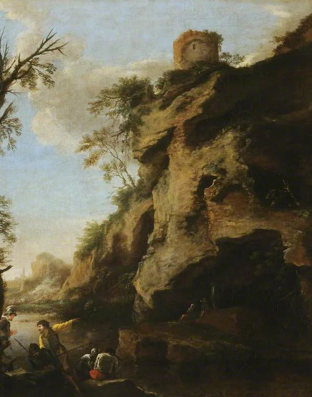 Une côte rocheuse, avec des soldats étudiant un plan - Salvator Rosa