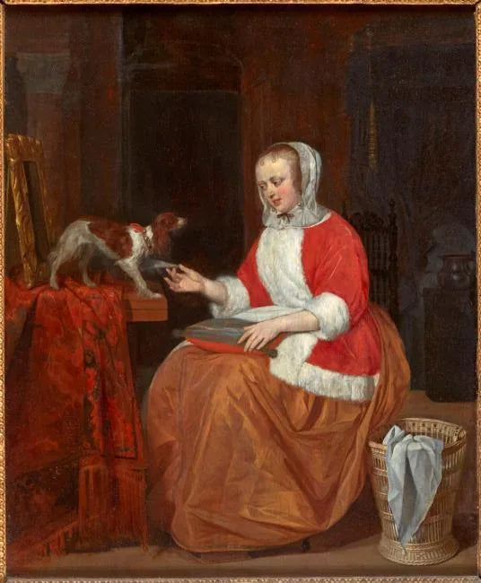 Une dame avec un chien - Gabriel Metsu image 1 reproduction d’œuvre d’art à l’huile
