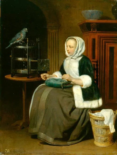 Une dame coud, avec un perroquet - Gabriel Metsu image 1 reproduction de peinture à l’huile
