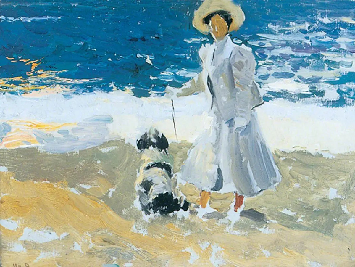 Une dame et un chien sur la plage - Joaquín Sorolla image 1 copie de tableau peinte à la main