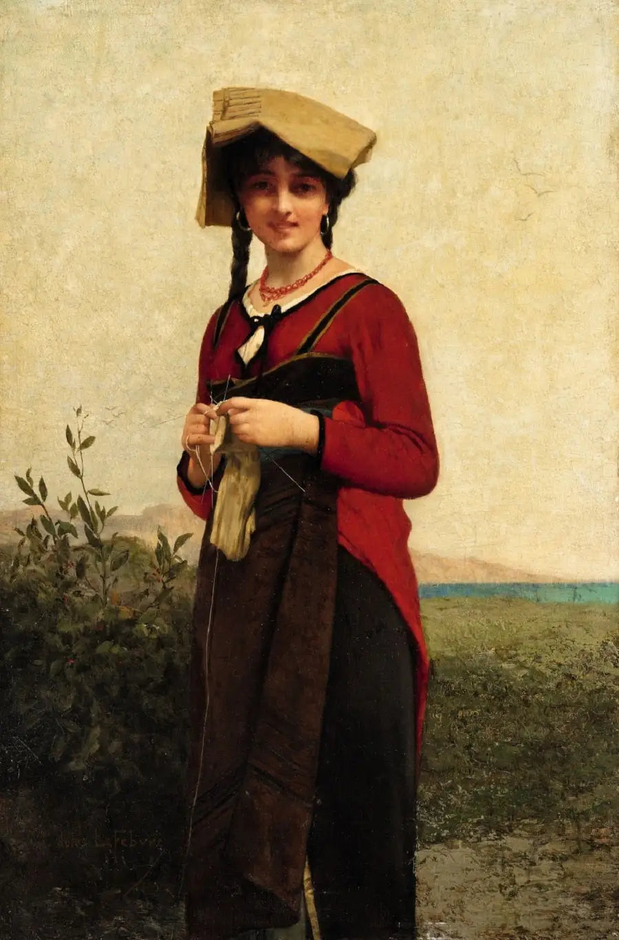 Une dame italienne en train de tricoter - Jules Lefebvre image 1 tableau peint à l’huile sur toile