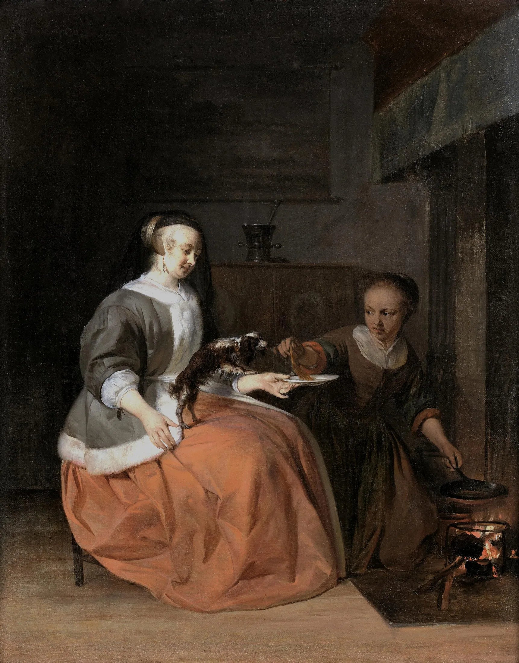 Une dame nourrit son petit chien - Gabriel Metsu image 1 copie peinte à la main à l’huile