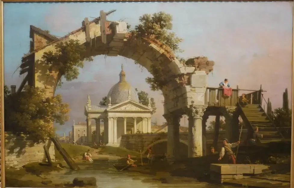 Une église en forme de dôme vue à travers une arche en ruine - Canaletto image 1 tableau peint à l’huile sur toile
