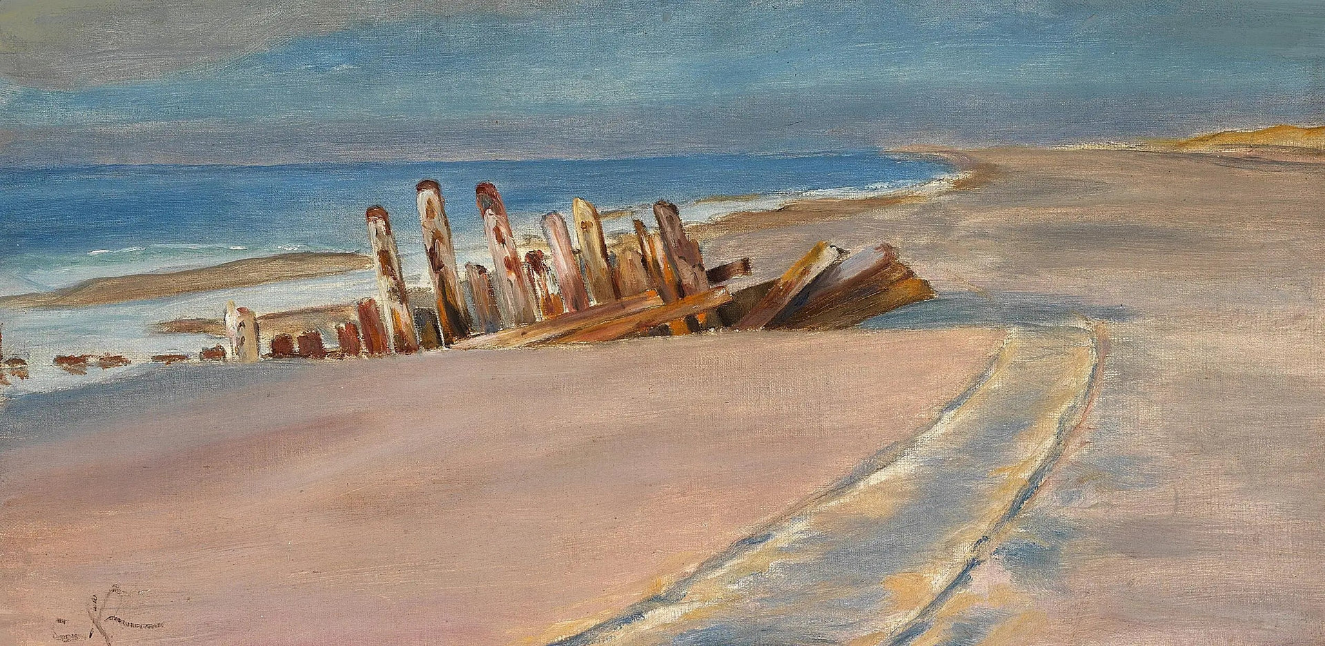 Une épave sur la plage nord de Skagen. De profondes traces de roues dans le sable. - Peder Severin Krøyer image 1 reproduction de peinture à l’huile