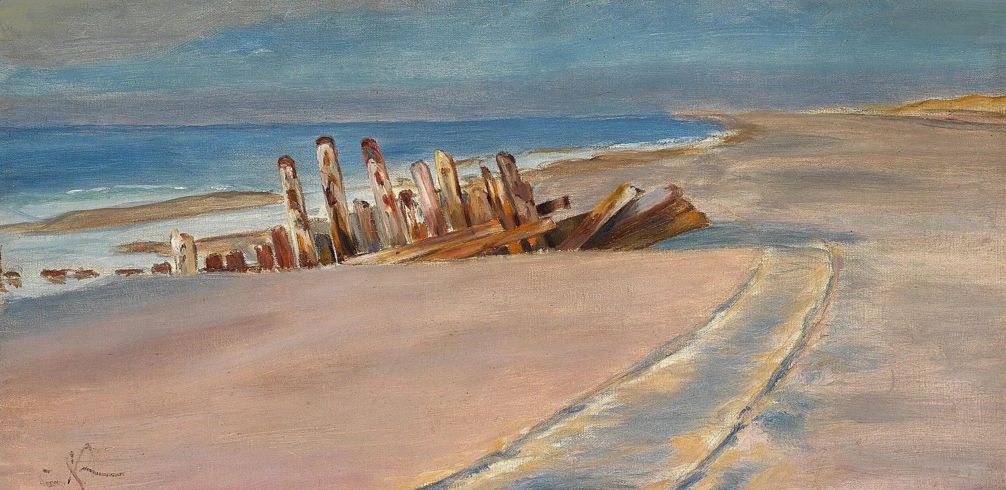 Une épave sur la plage nord de Skagen. De profondes traces de roues dans le sable. - Peder Severin Krøyer image 1 reproduction de peinture à l’huile