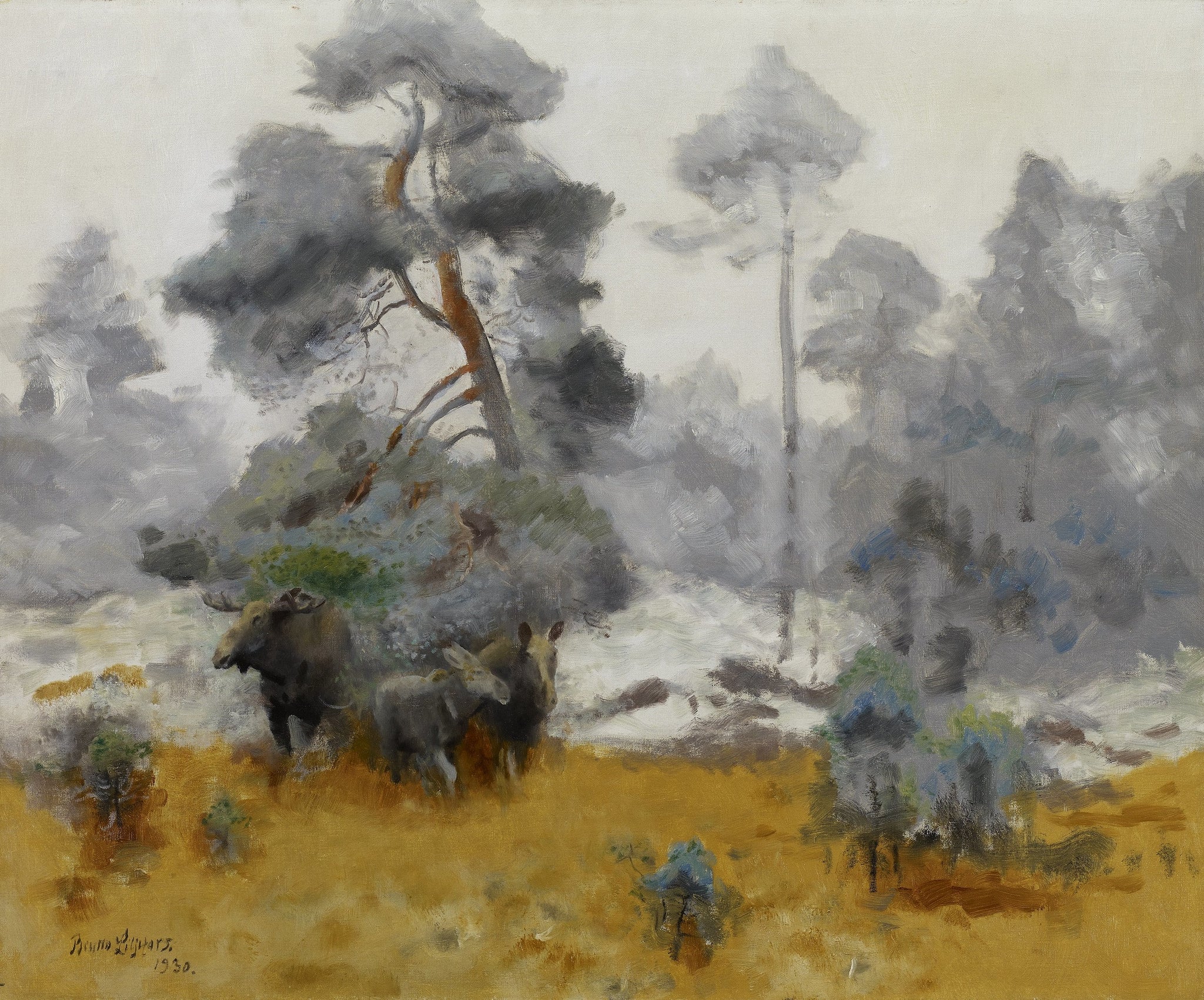 Une famille d'orignaux entre dans une clairière - Bruno Liljefors image 1 tableau peint à l’huile sur toile