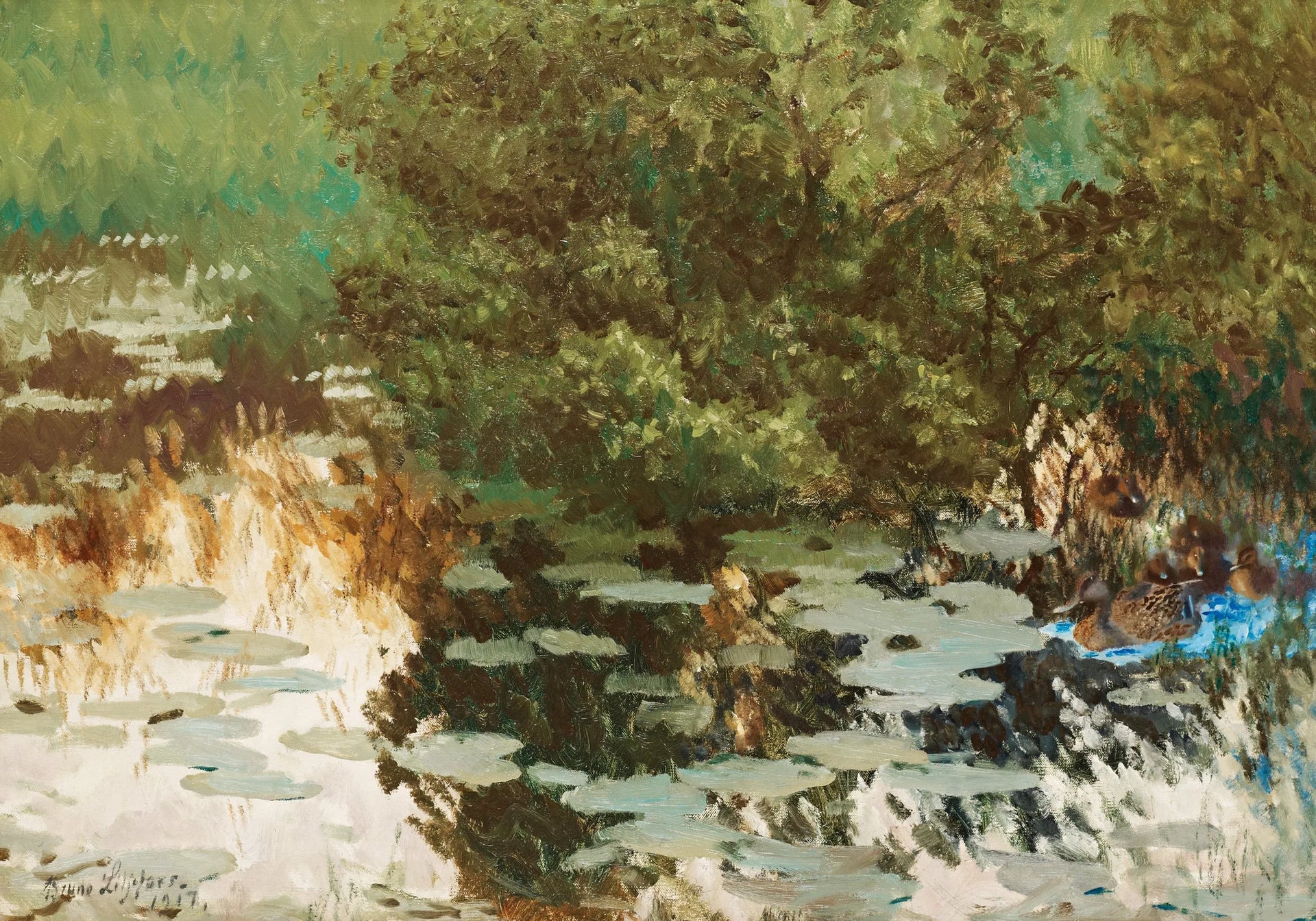 Une famille de canards parmi les nénuphars. - Bruno Liljefors image 1 reproduction de peinture à l’huile