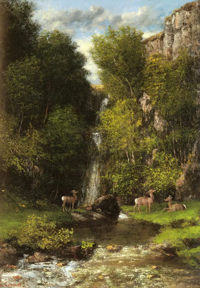 Une famille de cerfs dans un paysage avec une chute d'eau - Gustave Courbet image 1 copie de tableau peinte à la main