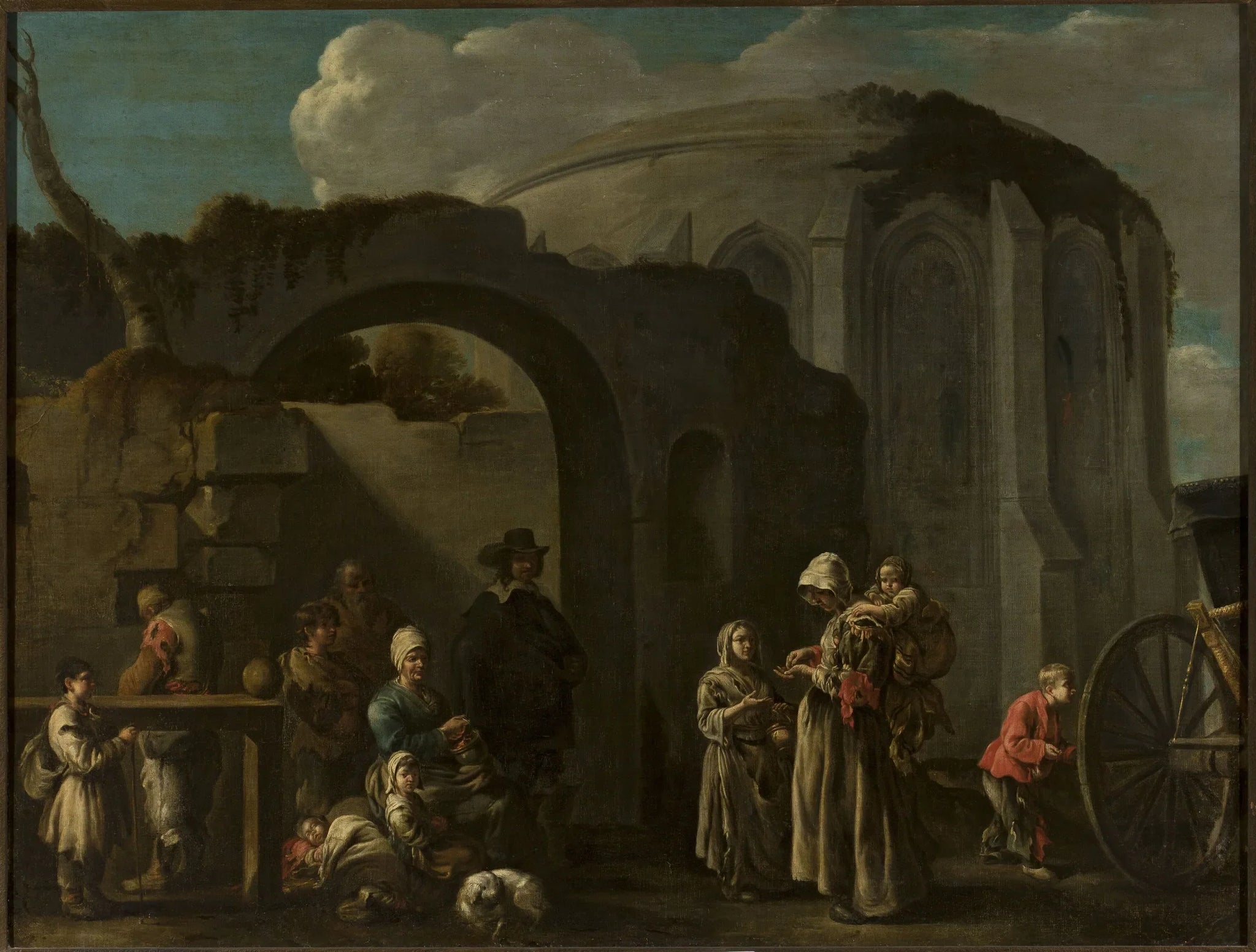 Une famille de mendiants parmi les ruines - Sébastien Bourdon image 1 reproduction de peinture à l’huile