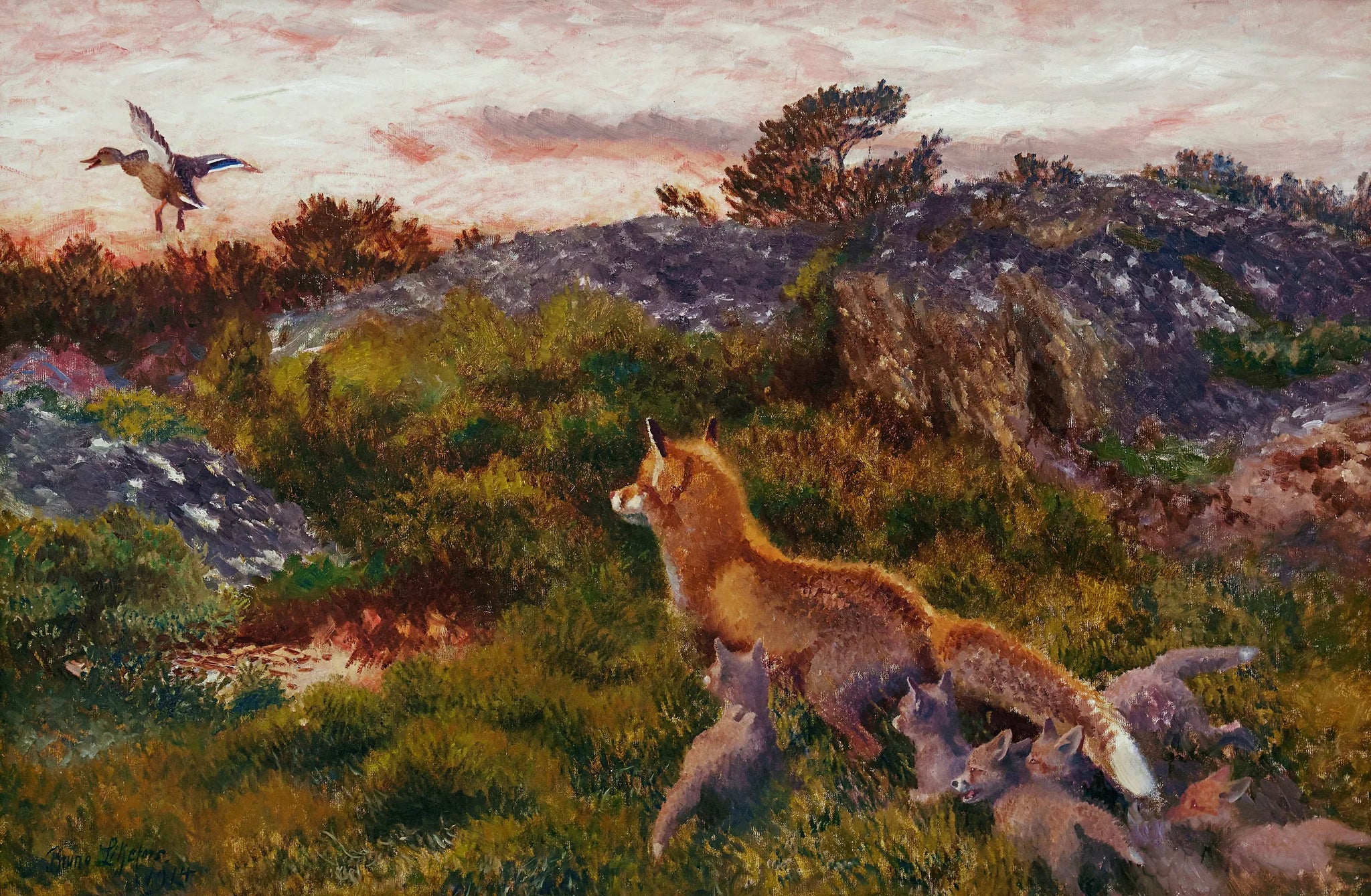 Une famille de renards avec un canard colvert qui s'étire - Bruno Liljefors image 1 reproduction artisanale de tableau