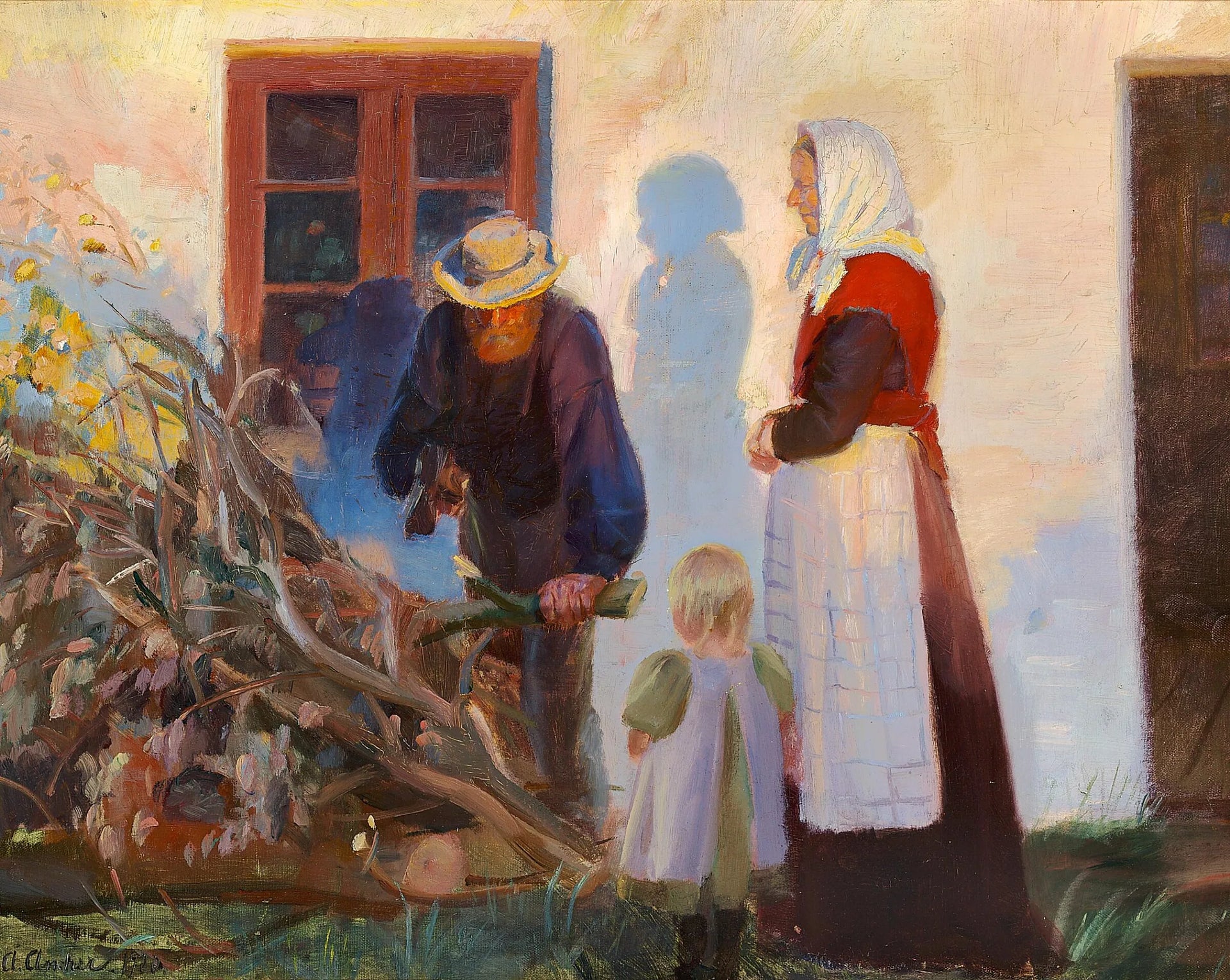 Une famille de Skagen coupe des branches devant une maison. - Anna Ancher image 1 copie peinte à la main à l’huile