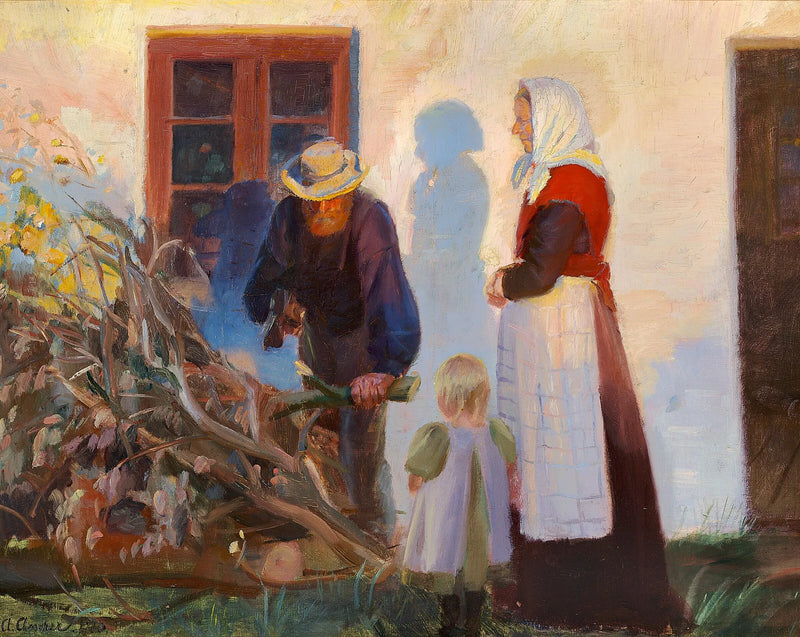 Une famille de Skagen coupe des branches devant une maison. - Anna Ancher