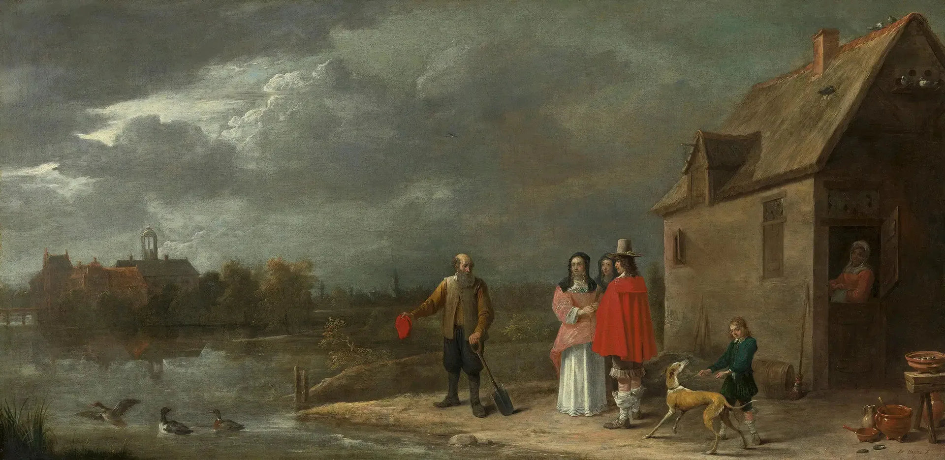 Une famille debout dans un paysage avec une maison entourée de douves en arrière-plan - David Teniers le Jeune image 1 reproduction d’œuvre d’art à l’huile