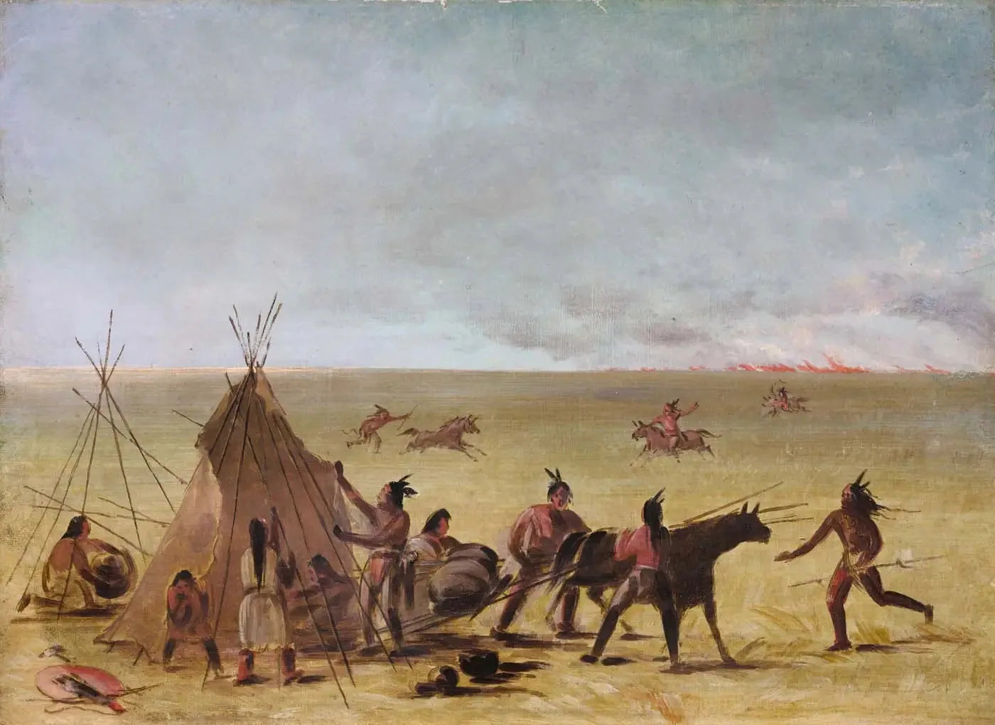 Une famille indienne alarmée par l'approche d'un incendie dans les prairies - George Catlin image 1 copie de tableau peinte à la main
