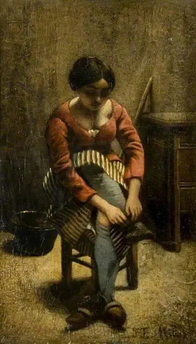 Une femme ajuste son bas - Jean-François Millet image 1 reproduction de peinture à l’huile