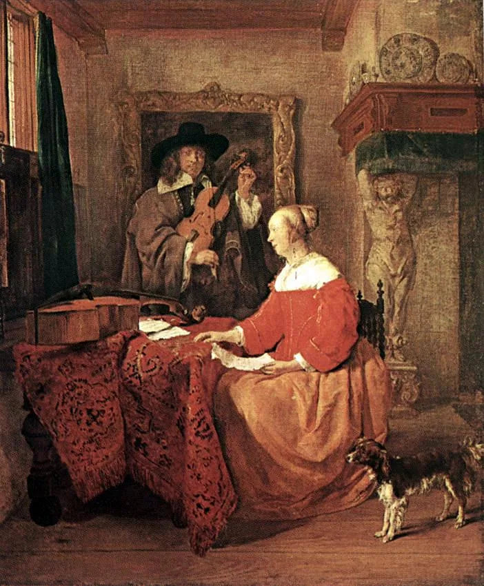 Une femme assise à une table et un homme accordant un violon - Gabriel Metsu image 1 reproduction d’œuvre d’art à l’huile