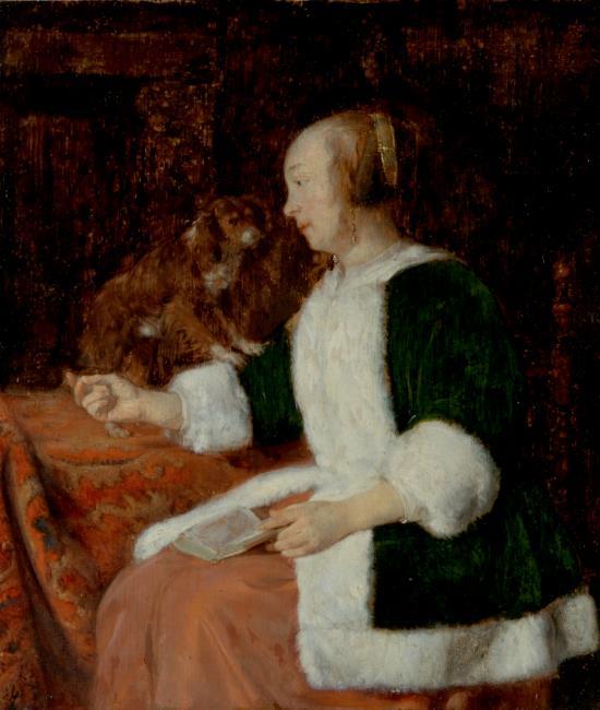 Une femme avec un livre sur les genoux et un chien à ses côtés - Gabriel Metsu image 1 copie de tableau peinte à la main